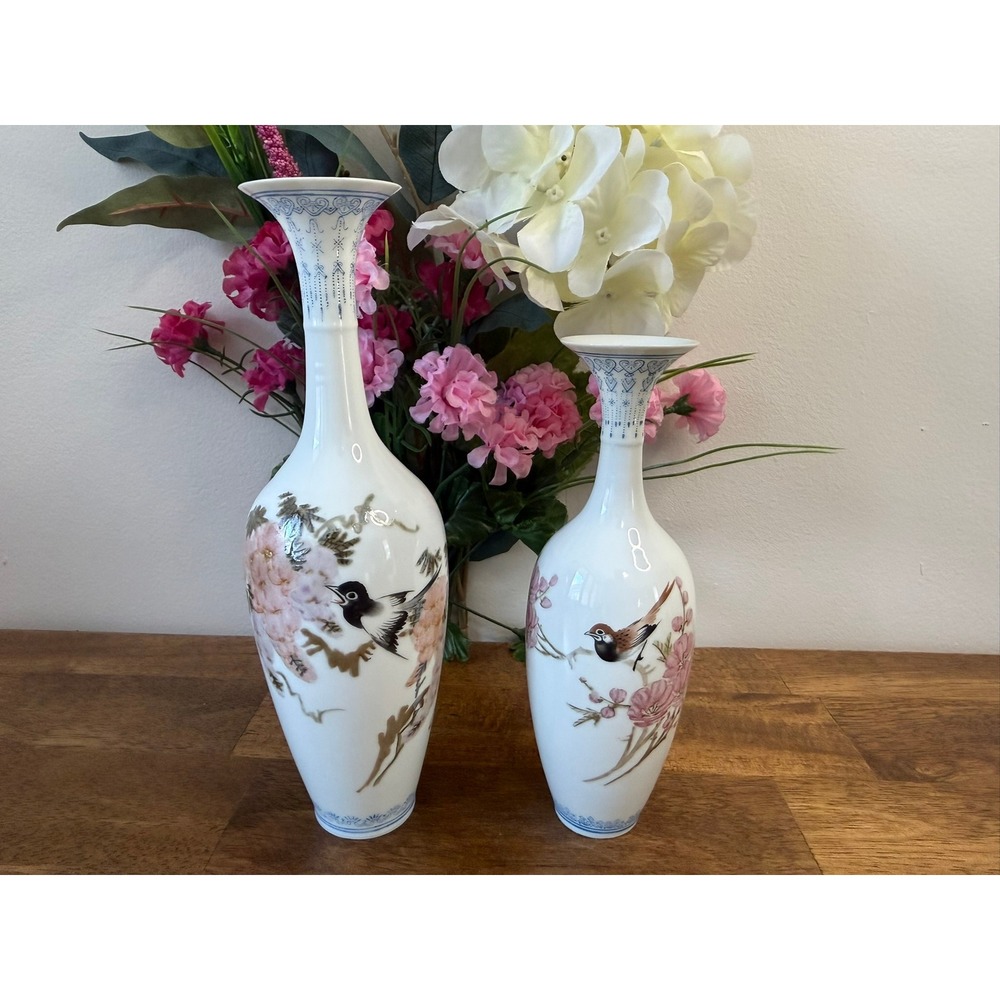 Vintage‎ Chinese Jingdezhen Hand Painted Porcelain Bird Blossom Floor Vases Pair
